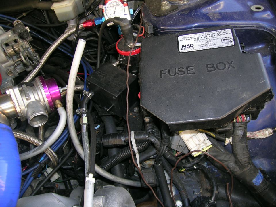 Engine bay with a black MSD fuse box, purple blow-off valve, and various hoses and wires