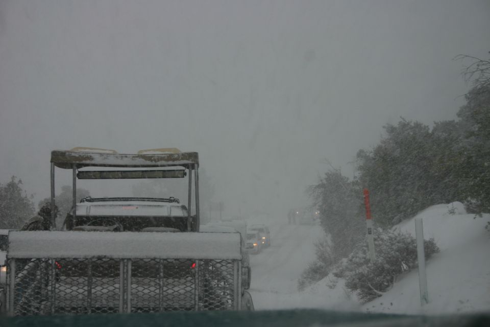 Golf cart with a trailer attached driving on a snowy road during a blizzard. Other vehicles are visible in the distance