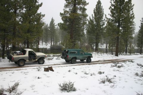 1991 Ford Bronco - Two SUVs navigate a snowy road through a pine forest, with one vehicle appearing to be a pickup truck and the other a green SUV.