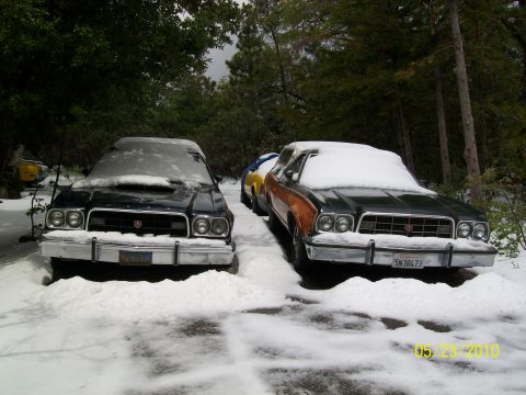 1972 Ford Ranchero - Two cars are parked in the snow, one black and one with wood paneling, with trees in the background.