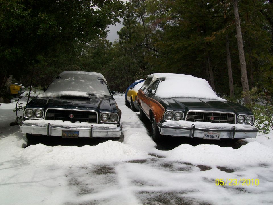 Two cars covered in snow, one black and one green with wood paneling