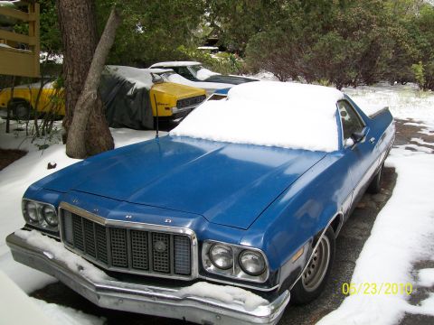 1972 Ford Ranchero - A blue 1972 Ford Ranchero sits in the snow, its windshield covered in white.