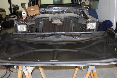1979 Ford F-250 - The underside of the hood reveals the structural bracing of this 1979 Ford F-250.
