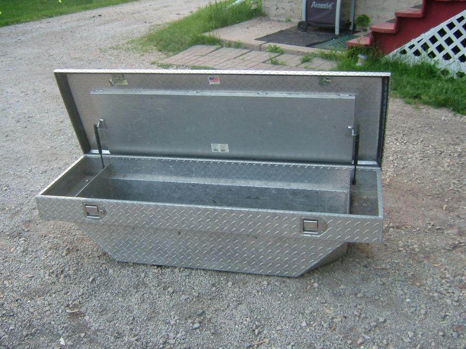 Aluminum truck bed toolbox with lid open