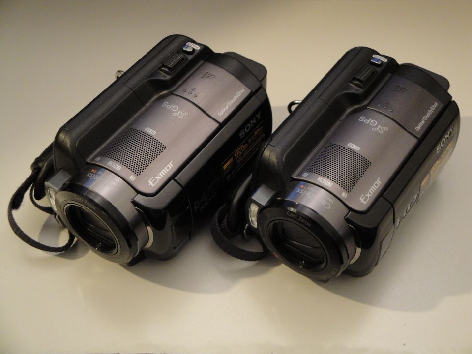 Two black Sony Handycam camcorders with Exmor lenses and GPS