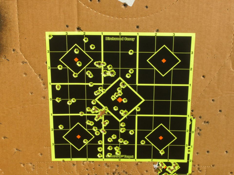 Birchwood Casey shooting target with bullet holes on cardboard backing