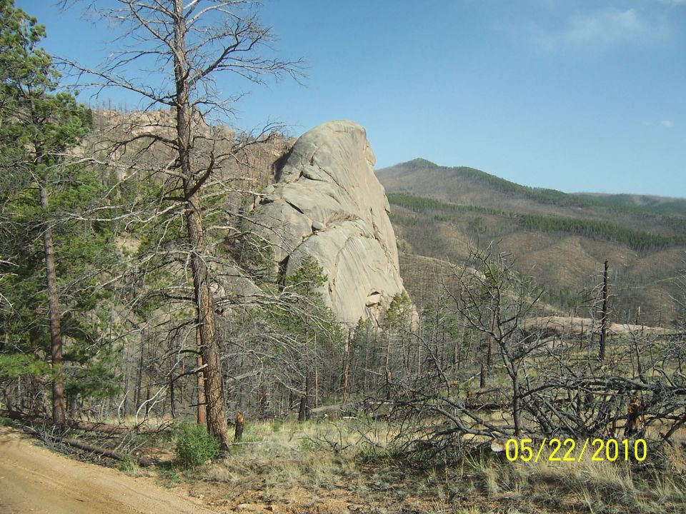 Rocky outcrop and dead trees under a blue sky, with a date stamp of 05/22/2010