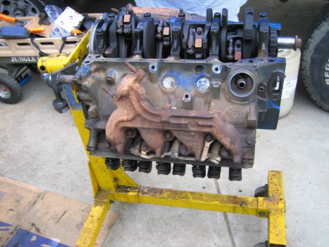 1979 Ford F-150 - This engine block is mounted on an engine stand, ready for work or inspection.