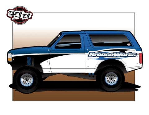 1988 Ford Bronco - This 1988 Ford Bronco features a distinctive blue and white paint scheme with "BroncoWorks" lettering on the side.