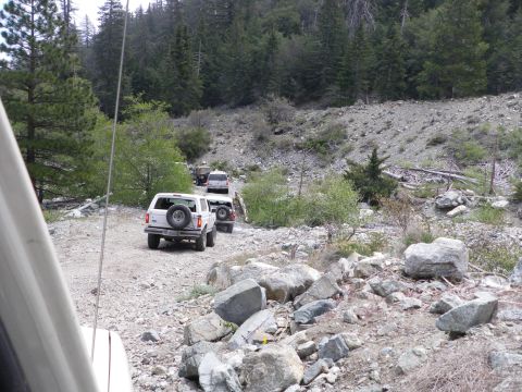 1991 Ford Bronco - A convoy of white Ford Broncos navigates a rocky dirt road through a wooded, mountainous terrain.