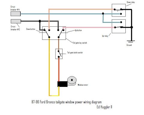 1989 Ford Bronco - 87-96 Ford Bronco tailgate window power wiring diagram showing relays, switches and the window motor.