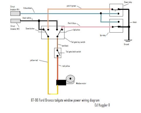 1989 Ford Bronco - 87-96 Ford Bronco tailgate window wiring diagram with named wire colors, relays and switches.