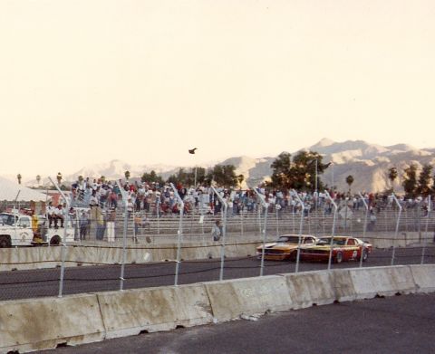 1973 Ford Mustang - Race cars are lined up on a track with a crowd watching under a hazy sky.
