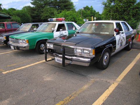 1991 Ford LTD Crown Victoria - black-and-white Ford LTD Crown Victoria police car with push bumper parked beside a green-and-white sheriff cruiser.