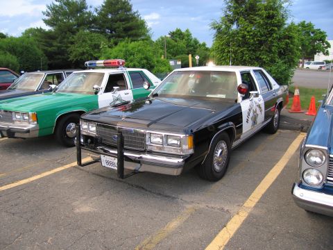 1991 Ford LTD Crown Victoria - black-and-white Ford LTD Crown Victoria highway-patrol-style police sedan with push bumper parked in a striped lot.