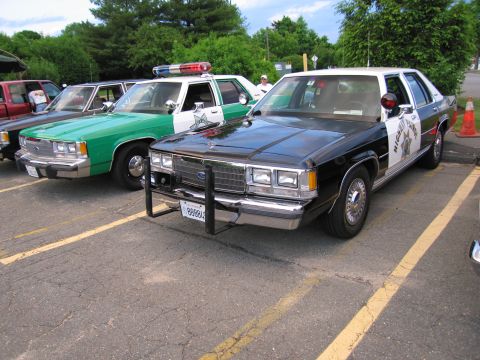 1991 Ford LTD Crown Victoria - black-and-white highway-patrol Ford sedan with push bumper parked beside a green-and-white sheriff cruiser in a striped lot.