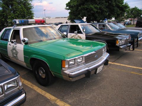 1991 Ford LTD Crown Victoria - green-and-white police-livery Ford sedan with roof light bar and door shield, parked among other vintage cruisers in a lot.