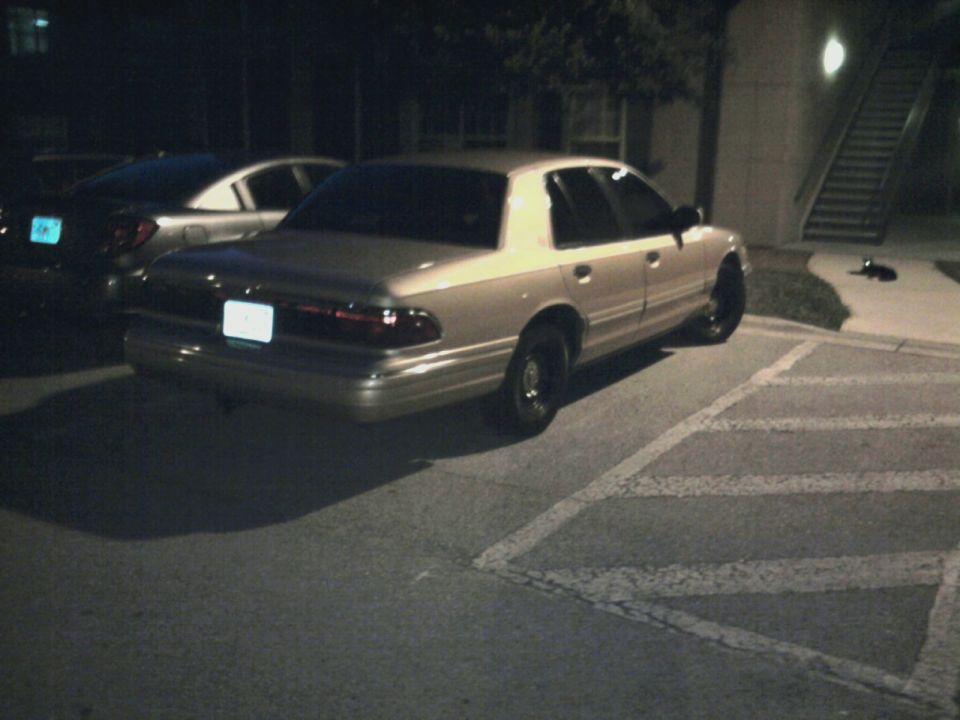 Tan sedan parked in a lot at night, rear view