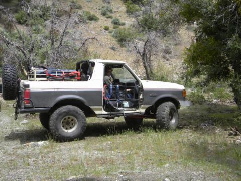 1991 Ford Bronco - Modified 1991 Ford Bronco with off-road tires and a roll cage parked in a natural setting.