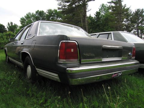 1991 Ford LTD Crown Victoria - Rear view of a dark green sedan parked in a grassy area, with another vehicle visible behind it.