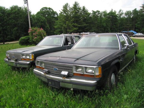 1991 Ford LTD Crown Victoria - Two 1991 Ford Crown Victoria LTD sedans are parked in a grassy area with trees in the background.