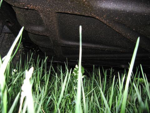 1991 Ford LTD Crown Victoria - The undercarriage of a vehicle is obscured by tall grass, with no visible identifying marks.
