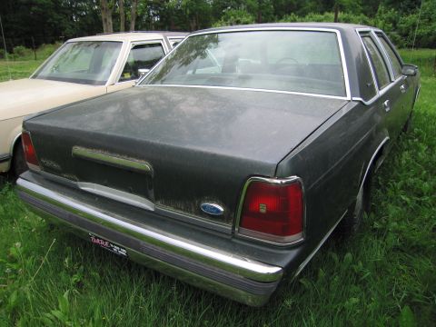 1991 Ford LTD Crown Victoria - Rear view of a 1991 Ford Crown Victoria LTD, showing its distinctive taillights and chrome bumper. A second vehicle is partially visible to…