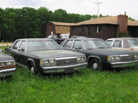 1991 Ford LTD Crown Victoria - Two dark green sedans, likely 1991 Ford Crown Victoria LTD models, are parked in a grassy area with a house and barn in the background.