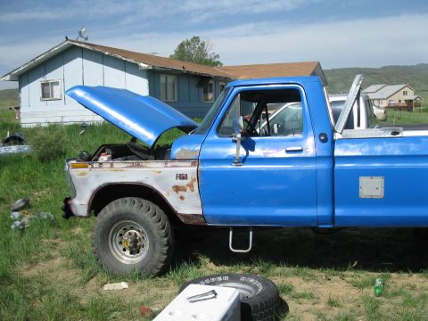 1977 Ford F-250 - A blue 1977 Ford F-250 pickup truck with its hood open sits in a grassy yard next to a house.
