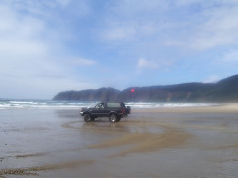 1991 Ford Bronco - SUV on a sandy beach with waves crashing in the distance under a cloudy sky.