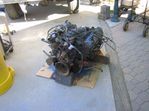 1979 Ford F-150 - Engine removed from a vehicle and placed on cardboard for storage or repair.