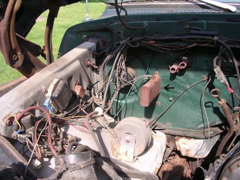 1978 Ford Bronco - Close-up view of engine bay components, with several parts highlighted by arrows.