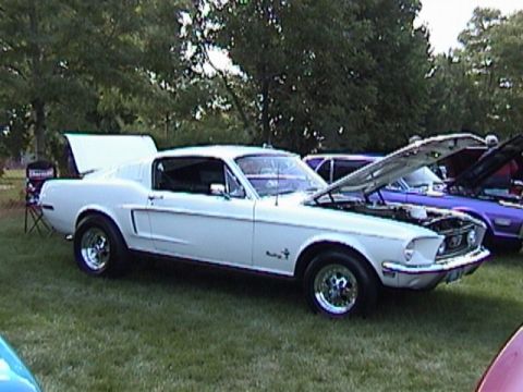 1968 Ford Mustang - A white 1968 Ford Mustang is displayed with its hood and trunk open at an outdoor car show.