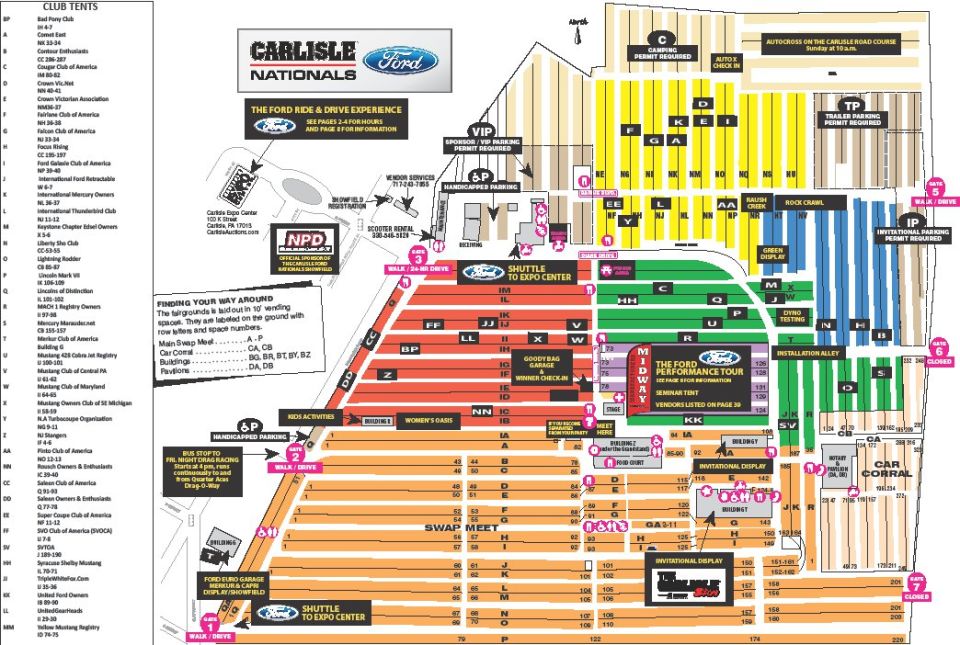 Carlisle Ford Nationals event grounds map with labeled lots and swap meet rows