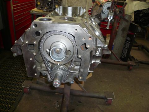 1975 Ford Ranchero - Close-up of an engine block assembly, showing the timing chain and gears.