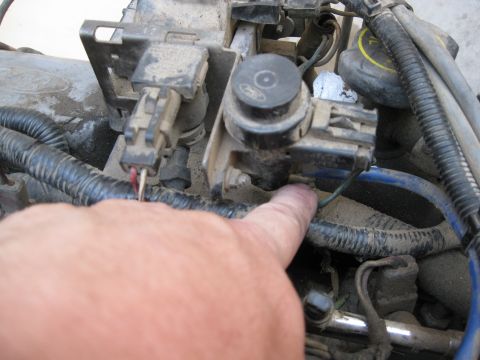 1969 Ford F-250 - A finger points to a wire harness amidst dusty engine components.
