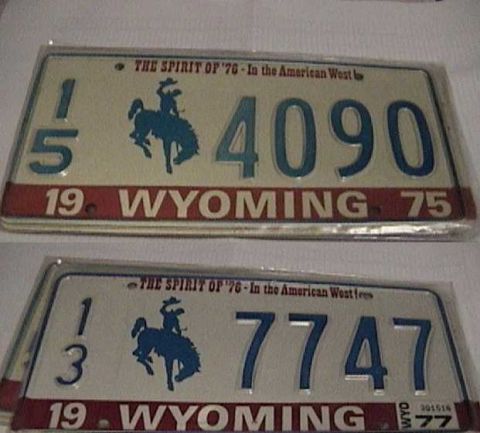 1995 Ford Bronco - Two vintage Wyoming license plates in chrome frames stacked one above the other, both with the blue bucking-horse-and-rider emblem and 'THE…