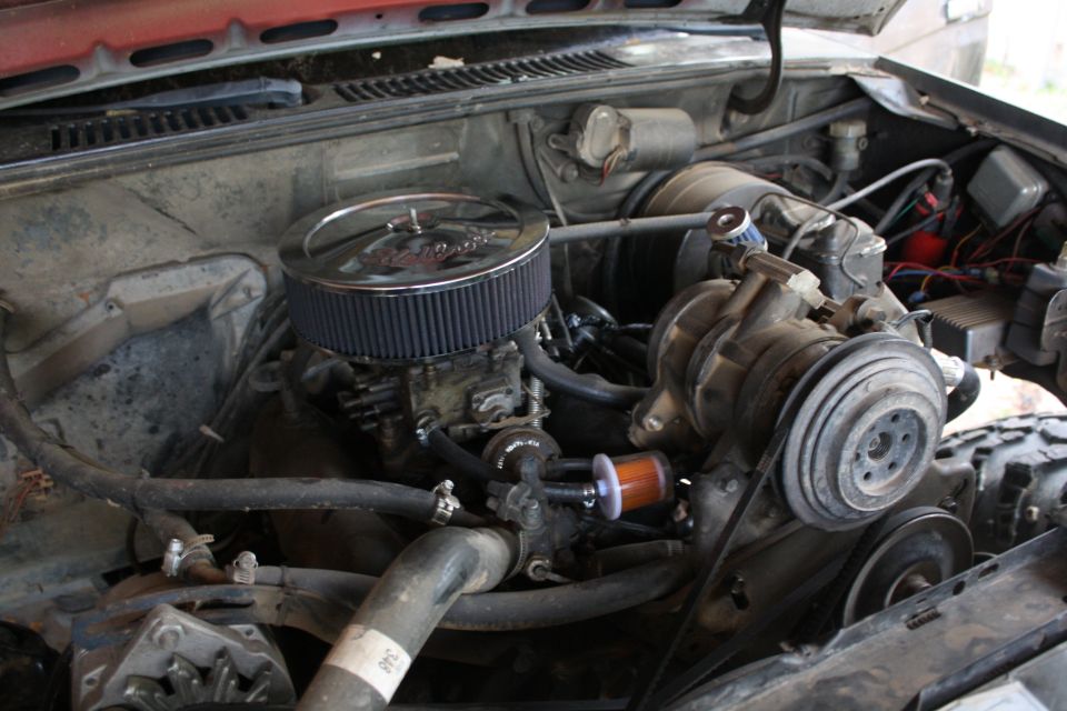 Engine bay with chrome air cleaner, carburetor, and visible engine components
