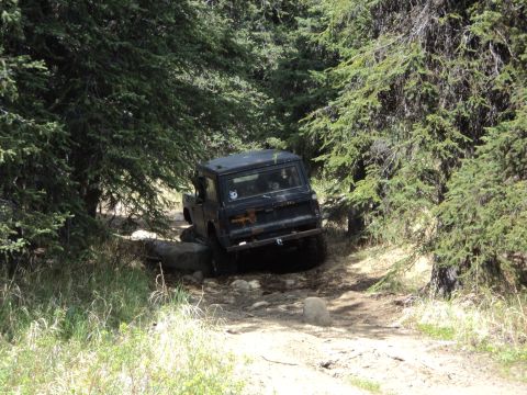 1990 Chevrolet Suburban - Off-road vehicle is driving on a rough, rocky path surrounded by dense forest.