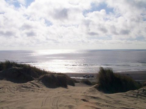 1980 Ford Bronco - Vehicles are visible on the beach, with sand dunes in the foreground and the ocean in the background.