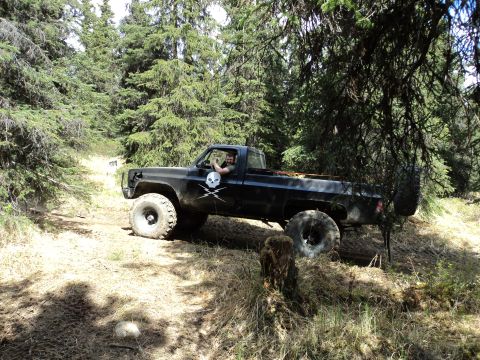 1990 Chevrolet Suburban - This lifted black pickup truck with skull decals navigates an off-road trail through a wooded area.