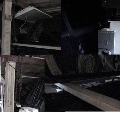 1995 Ford Bronco - A four-panel collage of very dark garage shots documenting a removable hardtop being lifted off a vehicle, with the top suspended from a ch…