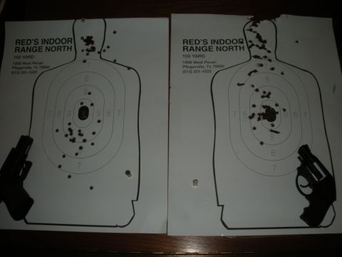 1996 Ford Bronco - Two targets from Red's Indoor Range North show bullet impacts and handgun outlines.