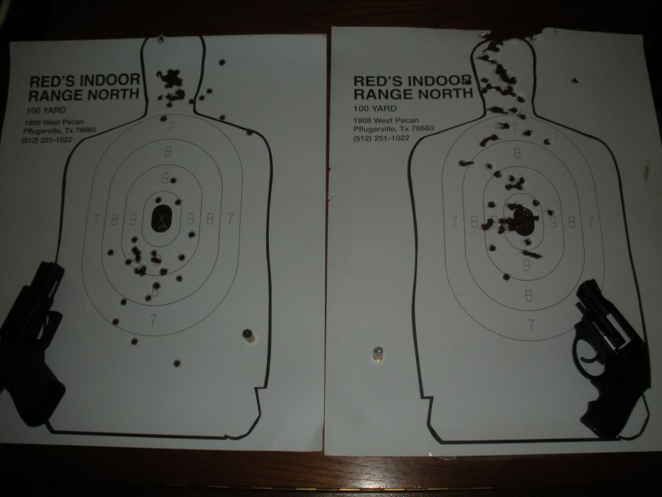 Two paper silhouette targets with bullet holes and outlines of handguns