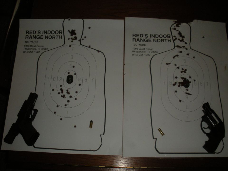Two paper shooting targets with bullet holes, one handgun on the left, another on the right
