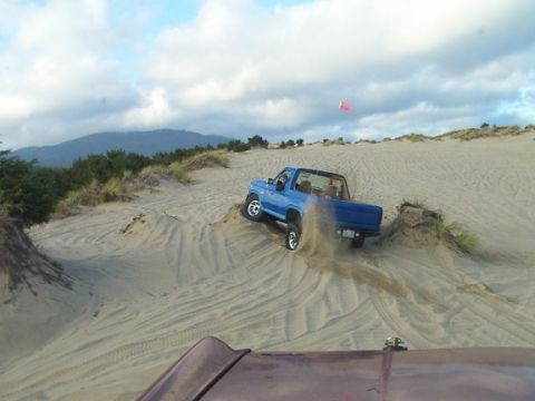 1980 Ford Bronco - A blue 1980 Ford Bronco navigates sandy terrain, kicking up dust.