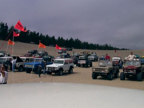 1980 Ford Bronco - A collection of Ford Broncos and other off-road vehicles gathered on sandy terrain under a cloudy sky.