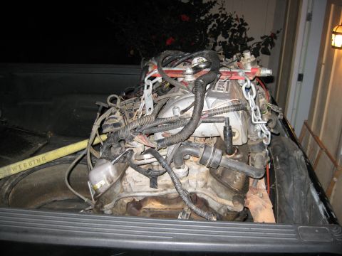 1969 Ford F-250 - Engine assembly with chains and hoses, resting in a truck bed.