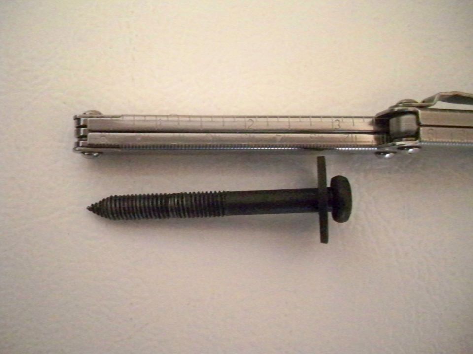 Bolt next to a multi-tool with ruler markings. The bolt is approximately 4 inches long