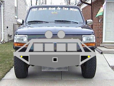 1995 Ford Bronco - A dark blue Ford Bronco is shown from the front, modified with a custom bumper and auxiliary lights.